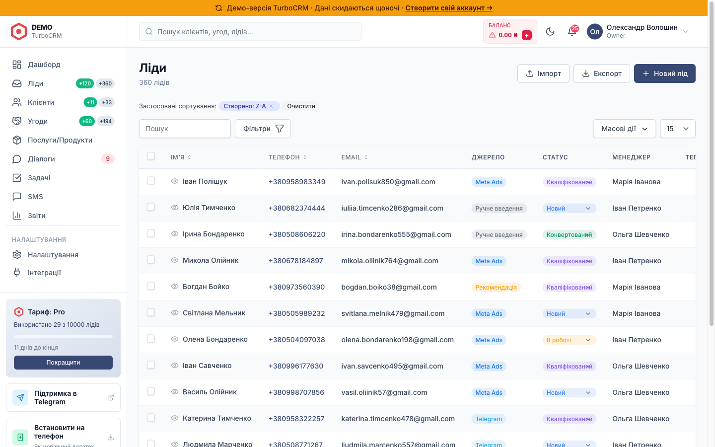 Список лідів у TurboCRM з колонками джерело, UTM, час створення, відповідальний менеджер