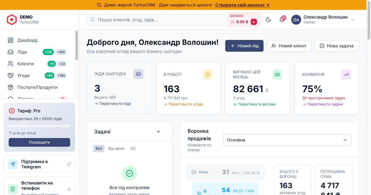 Скрін kanban-воронки лендинга у TurboCRM з лідами, які прийшли через webhook